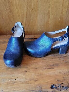 Dansko Black Leather Studded Slingback Platform Heels